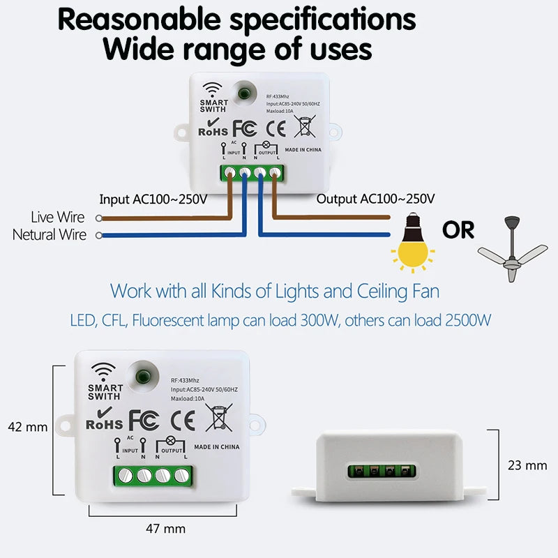 Wireless Smart Switch Light 433Mhz RF 86 Wall Panel Switch with Remote Control Mini Relay Receiver 220V Home Led Light Lamp Fan