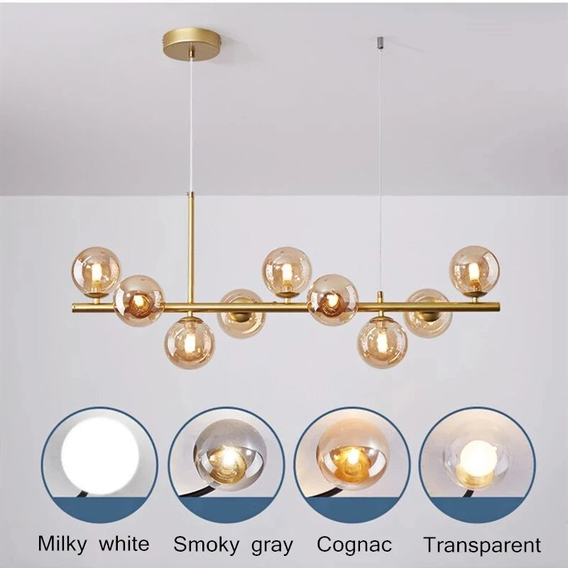 Nordic Modern LED Pendant Gold Light Glass Ball 11 Heads Hanging Lamp for Kitchen Living Dining Room Suspension Luminaire Design