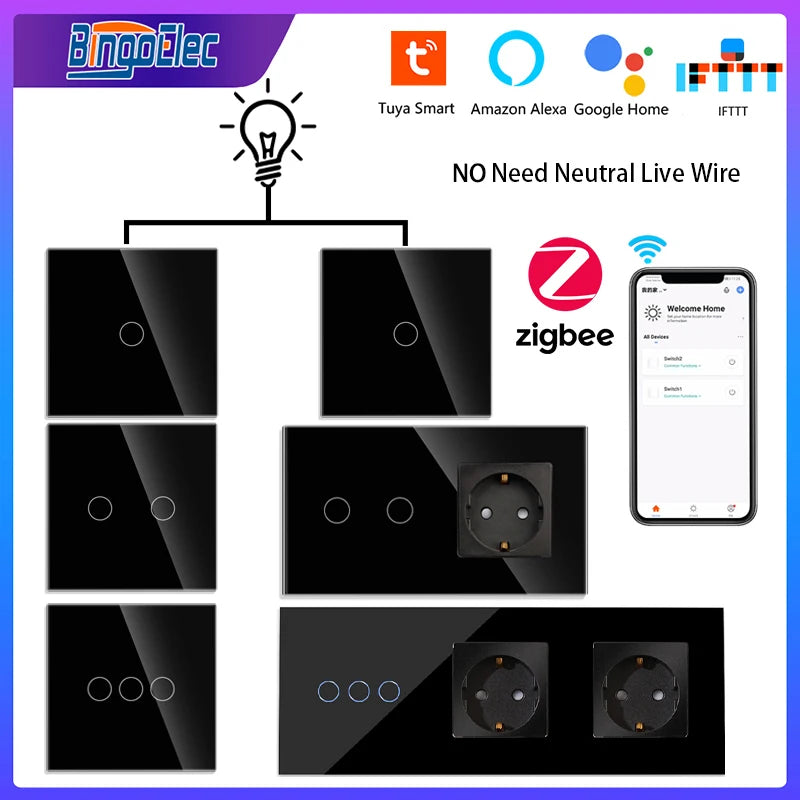 Bingoelec 1/2/3 Gang 2way ZigBee Wall Touch Switch with Socket EU Smart Black Light Switch Support Alexa Google Tuya Smart Home