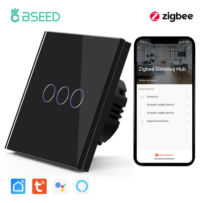 BSEED Zigbee Touch Switches 1/2/3Gang 1Way Wireless Control Smart Light Switch Wifi Wall Switch Tuya Smart Home Google Alexa