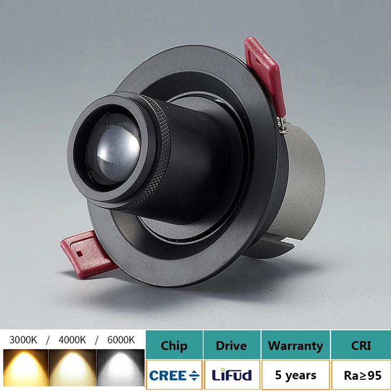 Zoom Spotlight Recessed Adjustable Focus Spot Light Ceiling Embedded Anti Glare Focusable LED Lamp For Hotel KTV Corridor