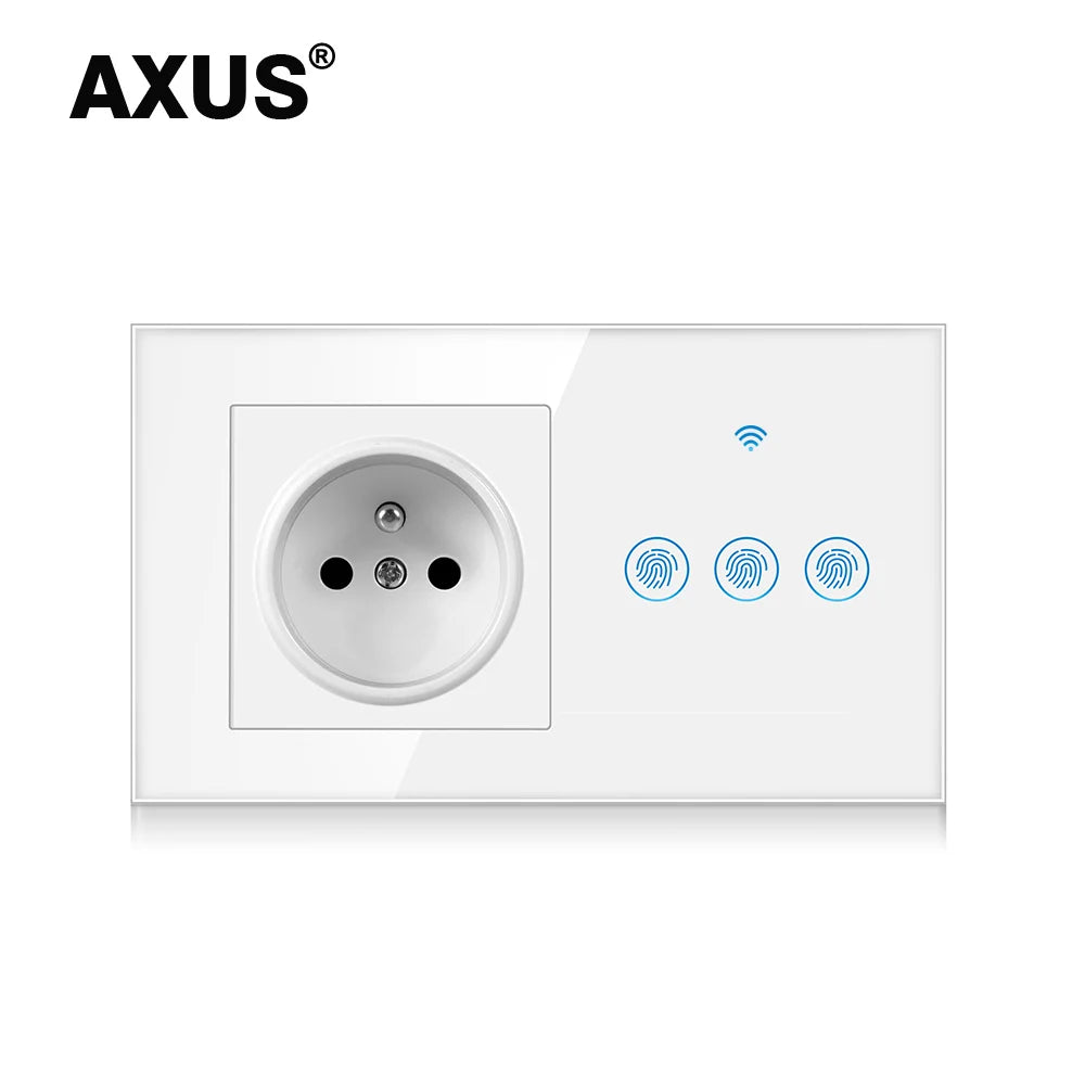 AXUS Franch Standard Touch Switch Smart Power Socket Plug Wall Power Crystal Glass Panel 16A French Socket 146mm Plug Grounding