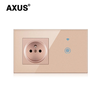 AXUS Franch Standard Touch Switch Smart Power Socket Plug Wall Power Crystal Glass Panel 16A French Socket 146mm Plug Grounding