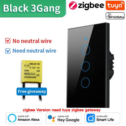 TNCE Tuya Wifi/Zigbee RF433 US Smart Wall Switch 1/2/3/4 Gang Touch Sensor Button No-Neutral Wire,Voice With Alexa Google Home