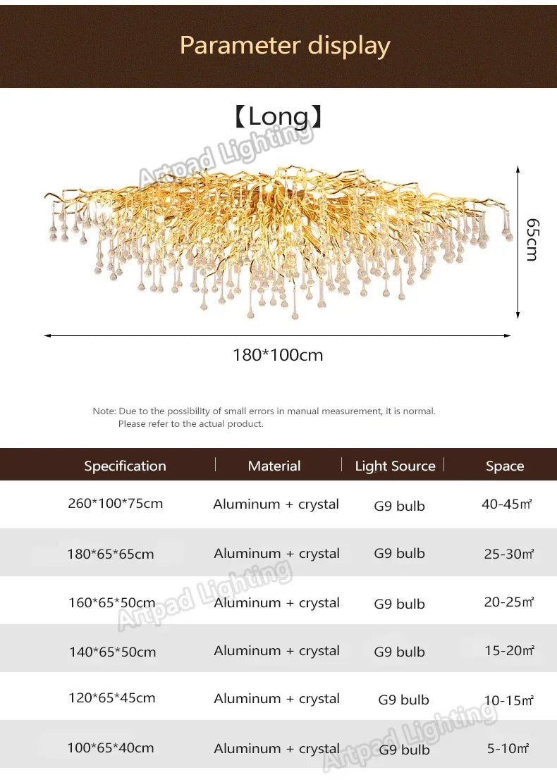 Modern Branch Crystal Chandeliers Gold Luxury Lighting Chandelier for Bedroom  Dining Living Room Kitchen Light