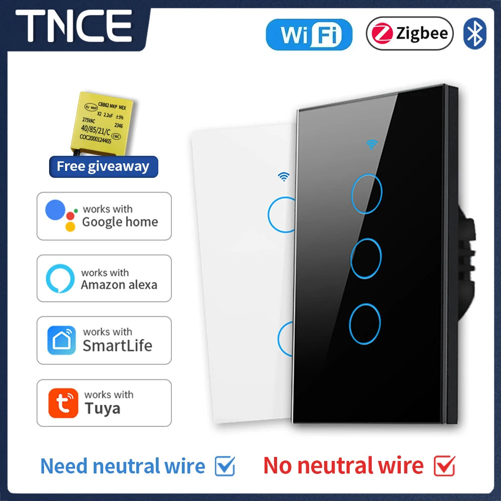 TNCE Tuya US WiFi/Zigbee Smart Wall Switch 1/2/3/4 Gang Light Switch Smart Touch Sensor Smart Home  Work with Alexa Google Home