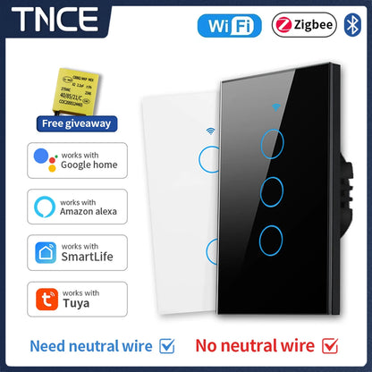 TNCE Tuya US WiFi/Zigbee Smart Wall Switch 1/2/3/4 Gang Light Switch Smart Touch Sensor Smart Home  Work with Alexa Google Home