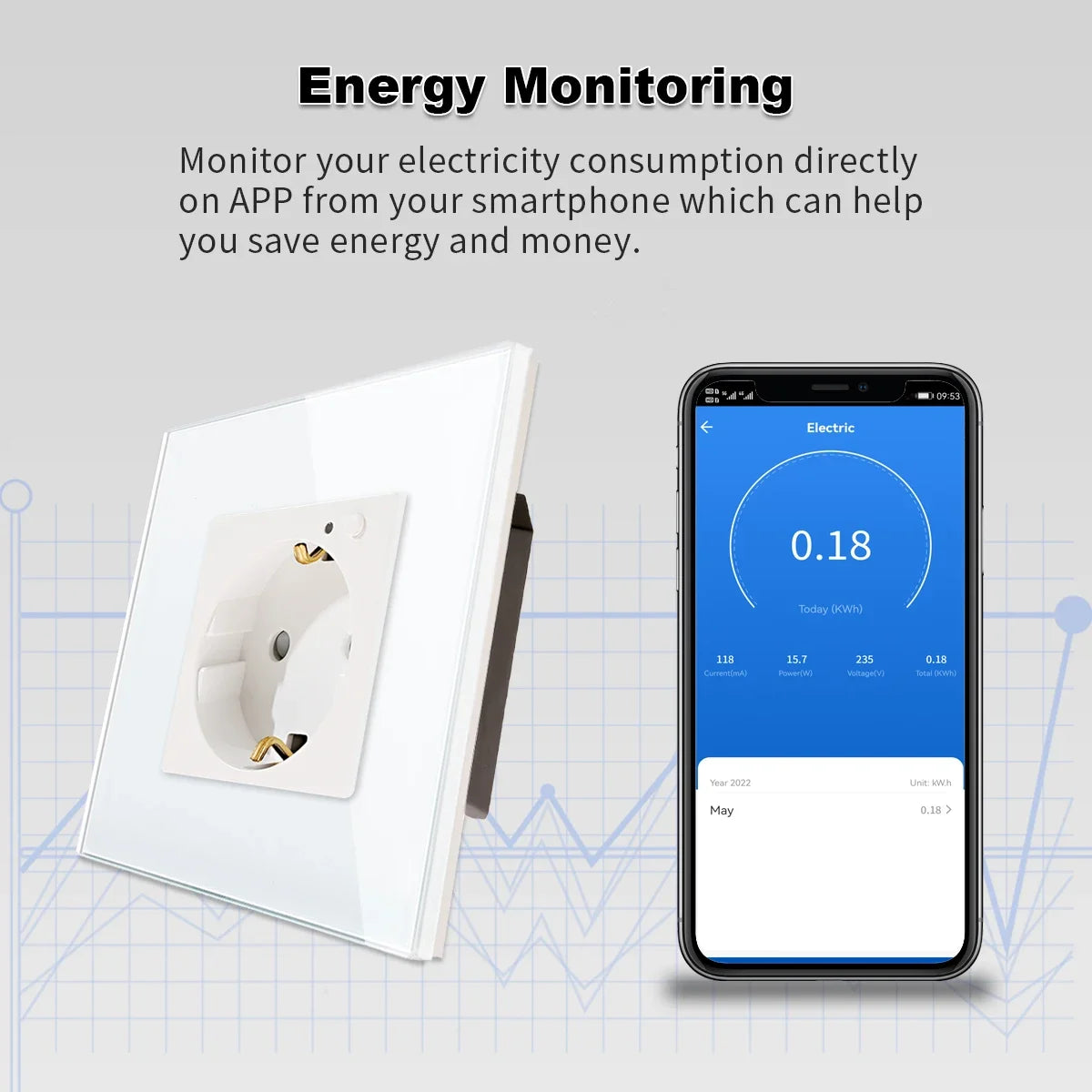 Bingoelec Wifi Smart Switch and Smart Socket Power Monitor with White Crystal Glass Panel Need or NO Neutral Home Improvement