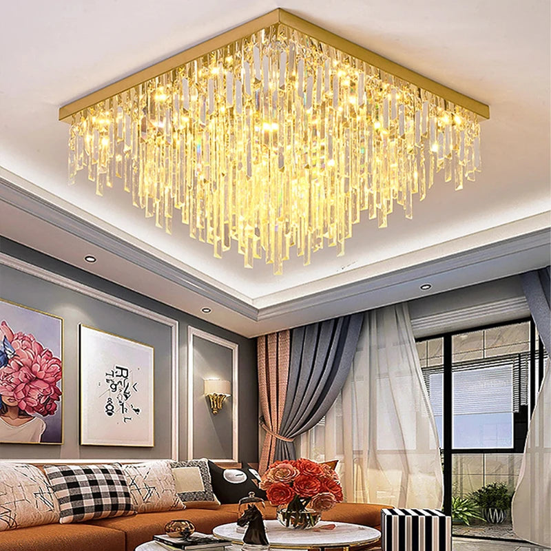 Crystal Square Ceiling Lights New Gold Lamps Modern Plafonnier LED Lighting for Living Room Luxury Lustres Home Decor Luminaria