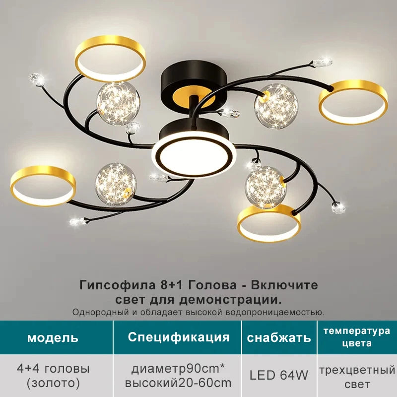 2024 Black Ceiling Chandeliers Modern Living Room Hall Ceiling Light Fixture Romantic Starry Gold Creative Ceiling Lamp Bedroom