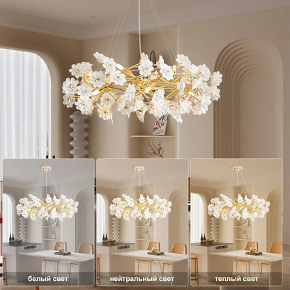 French White Flower Chandelier for Living Room Bloom Ceramics Bedroom Girl's Room Romantic Ceiling Hanging Pendant