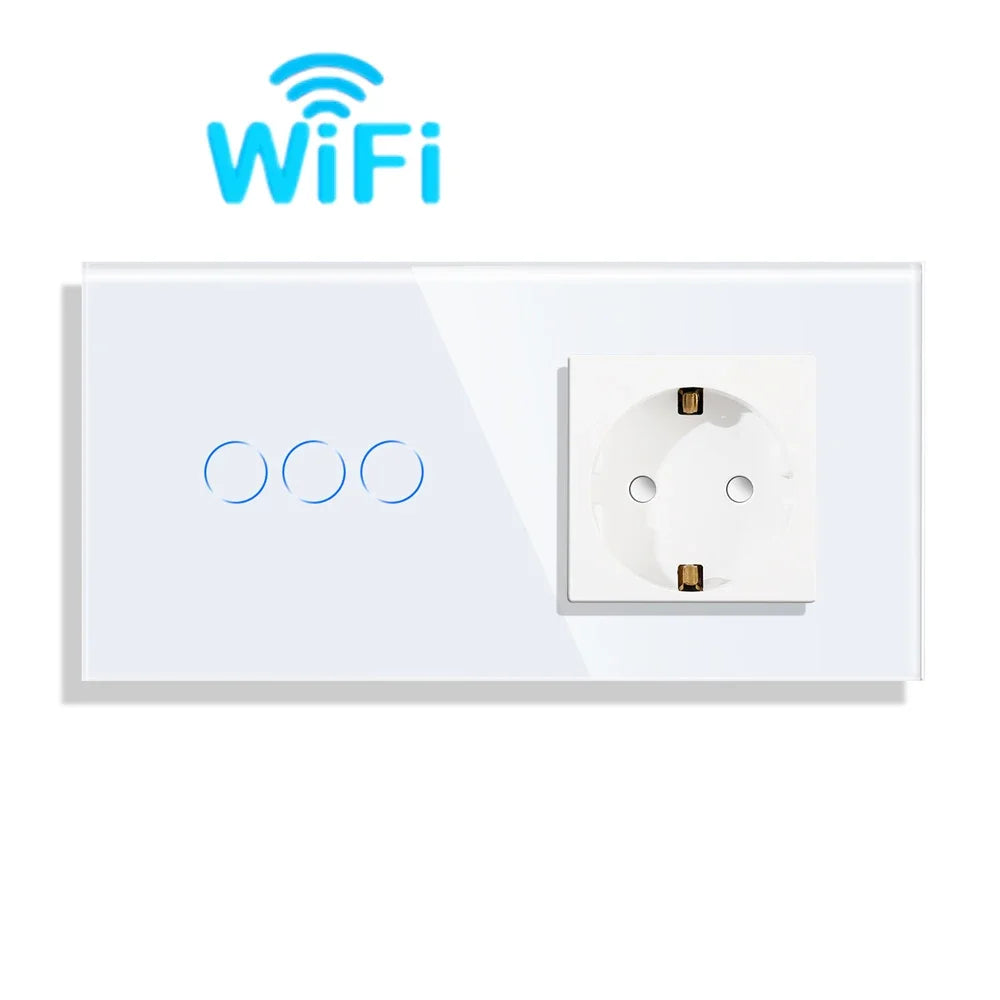 Bingoelec Wifi Smart Switch and Smart Socket Power Monitor with White Crystal Glass Panel Need or NO Neutral Home Improvement