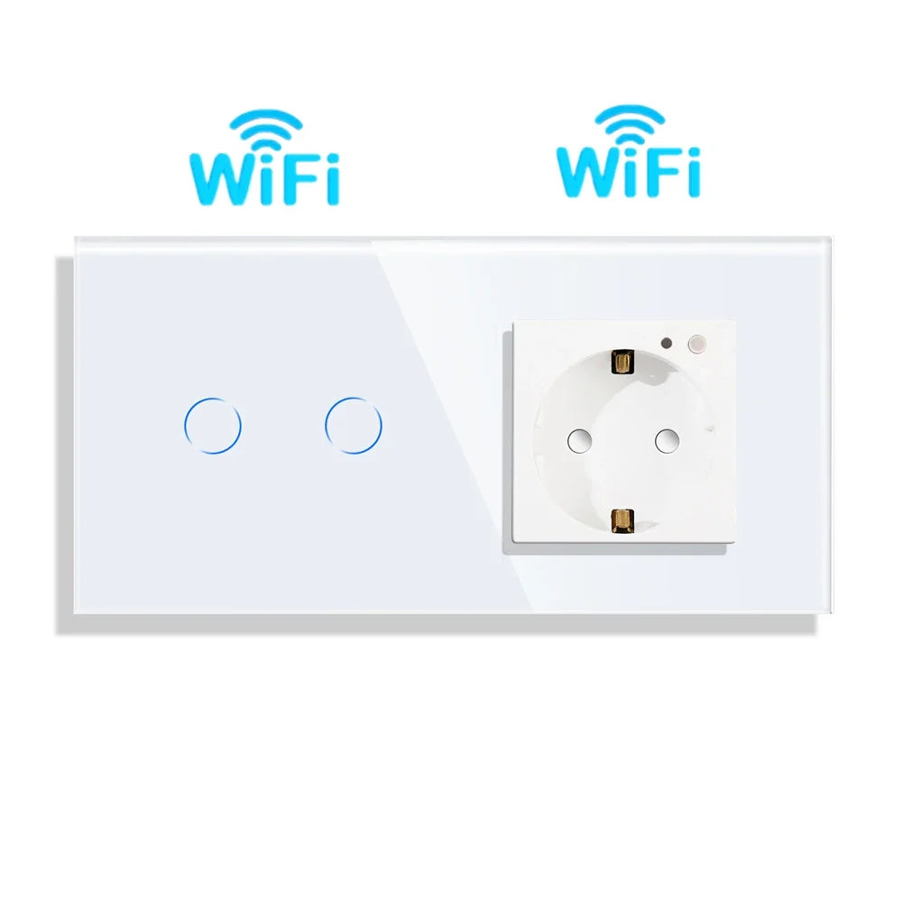 Bingoelec Wifi Smart Switch and Smart Socket Power Monitor with White Crystal Glass Panel Need or NO Neutral Home Improvement