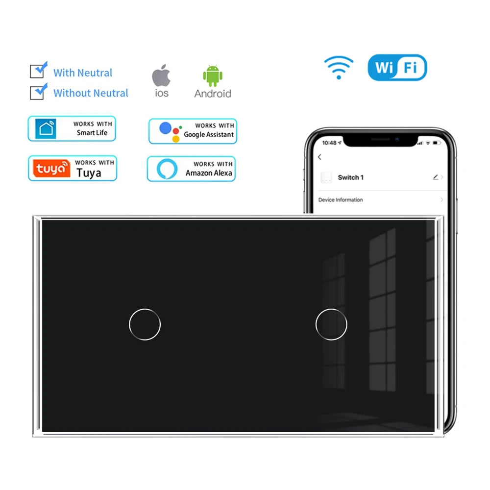 VISWE Wifi Smart Switch, Black Tempered Glass Panel 153mm*82mm Touch Switch and EU Wall Sockets 220V Alexa Tuya Remote Control