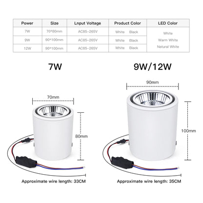 Angle 30 Degrees 7W 12W COB LED Spot Light Surface Mounted Spotlight Ceiliing Lamp Aluminum LED Downlight For Indoor Lighting