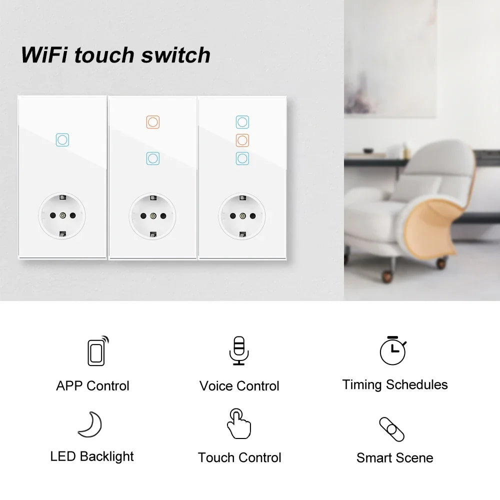 VISWE Wifi Smart Switch, Black Tempered Glass Panel 153mm*82mm Touch Switch and EU Wall Sockets 220V Alexa Tuya Remote Control