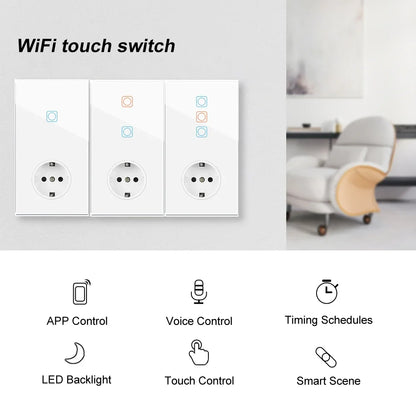 VISWE Wifi Smart Switch, Black Tempered Glass Panel 153mm*82mm Touch Switch and EU Wall Sockets 220V Alexa Tuya Remote Control