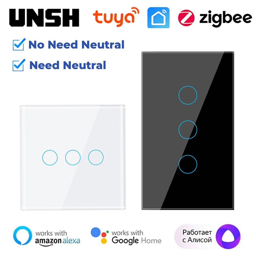 2000W Tuya ZigBee Smart Light Switch 1 2 3 4 gang 2-way Control Touch Wall Switch With/No Neutral Wire Via Alexa Google Home