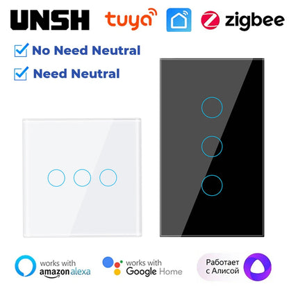 2000W Tuya ZigBee Smart Light Switch 1 2 3 4 gang 2-way Control Touch Wall Switch With/No Neutral Wire Via Alexa Google Home