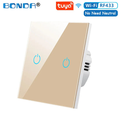 BONDA Smart Switch Alexa RF433 No Neutral Tuya Control Works With Google 1/2/3 Gang Smart Life Home Light WiFi Touch Switches