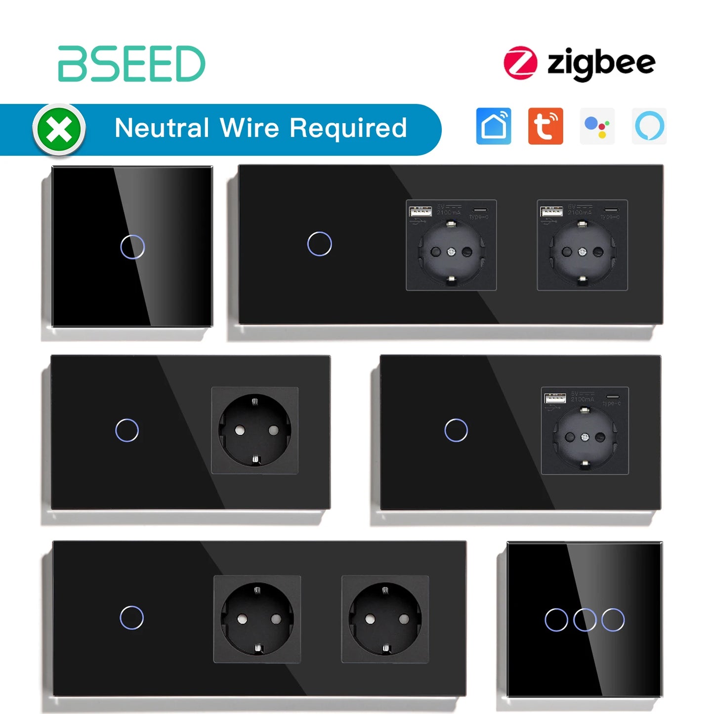 BSEED Zigbee Touch Switches 1/2/3Gang 1Way Wireless Control Smart Light Switch Wifi Wall Switch Tuya Smart Home Google Alexa