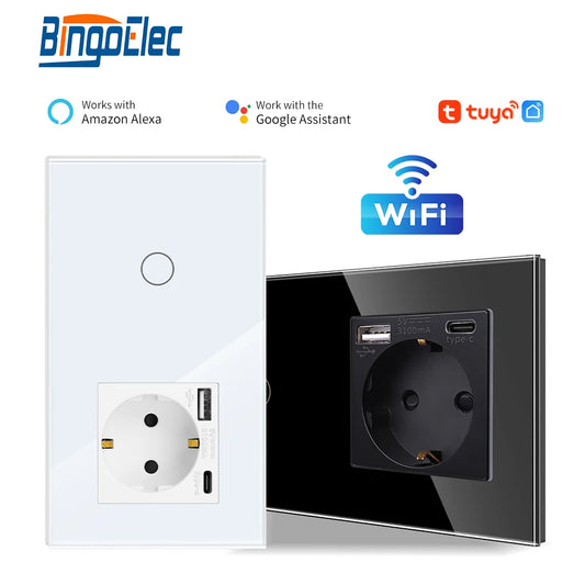 Wifi Light Switch Plus EU Wall USB Socket Type-c Smart Touch Switches 1/2/3Gang Smart Life Google Alexa App Control