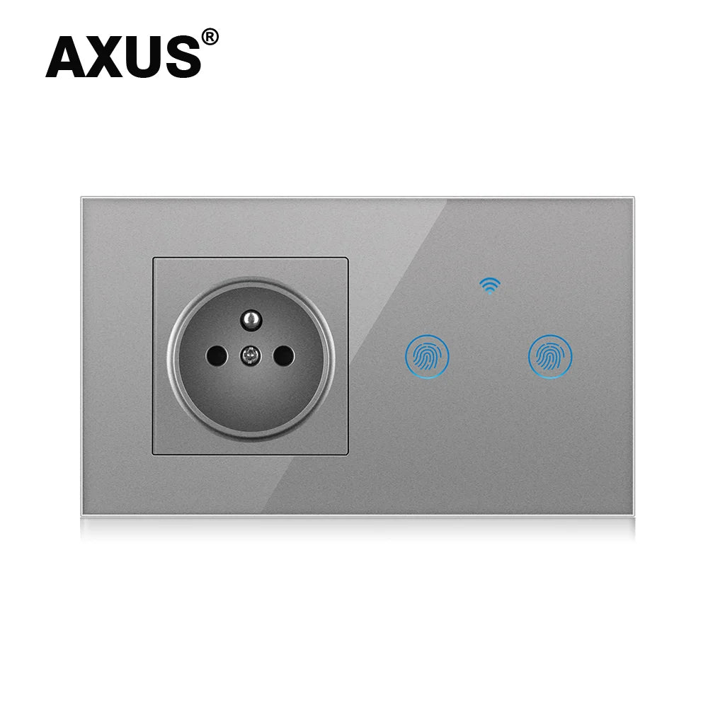 AXUS Franch Standard Touch Switch Smart Power Socket Plug Wall Power Crystal Glass Panel 16A French Socket 146mm Plug Grounding