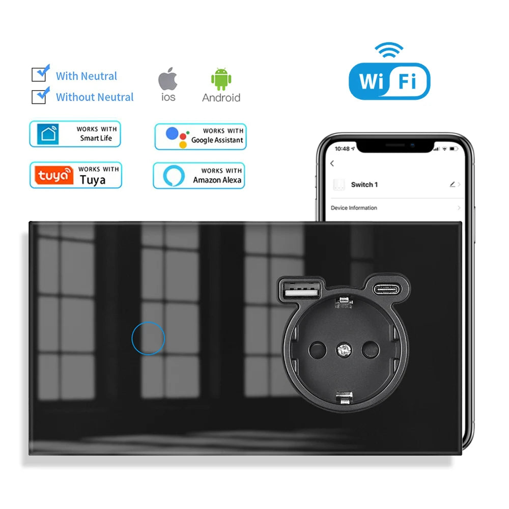 VISWE Wifi Smart Switch, Black Tempered Glass Panel 153mm*82mm Touch Switch and EU Wall Sockets 220V Alexa Tuya Remote Control