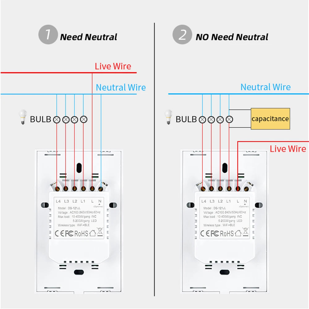 Tuya Smart Switches US Neutral Wire/No Neutral Wire Required 1/2/3/4 Gang Light WiFi Touch Switch Work with Alexa Google Home