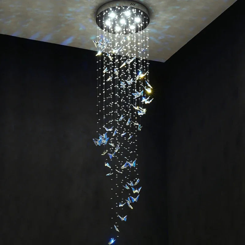 Butterfly Crystal Staircase Chandelier Modern Cristal Long Hanging Lamps For Living Room Luxury Led Indoor Home Large Luminaire