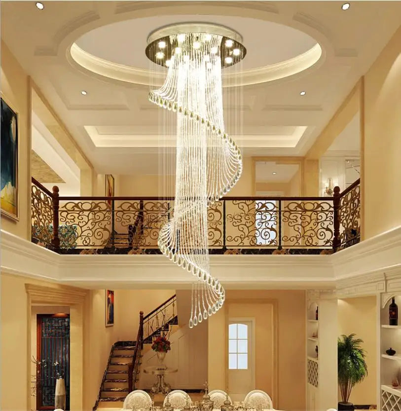 New Round Duplex Staircase Rotating Chandelier Modern Minimalist Villa Luxury Hotel Hollowed Out Long Crystal Lamp