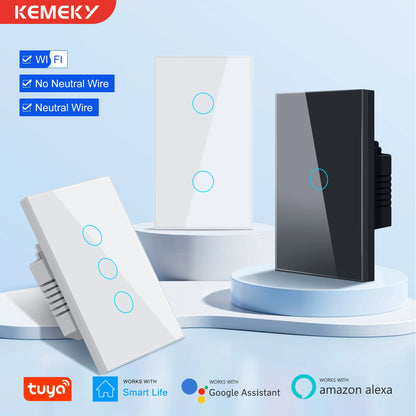 KEMEK Smart Wifi Touch Switch No Neutral Wire Required Smart Home 1/2/3 Gang Light Switch 100-240V Works with Alexa Hey Google