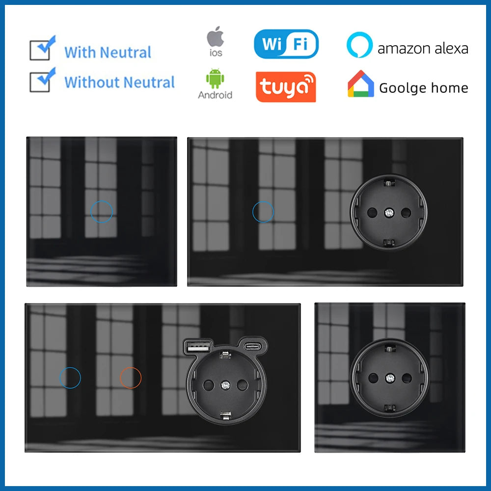 VISWE Wifi Smart Switch, Black Tempered Glass Panel 153mm*82mm Touch Switch and EU Wall Sockets 220V Alexa Tuya Remote Control