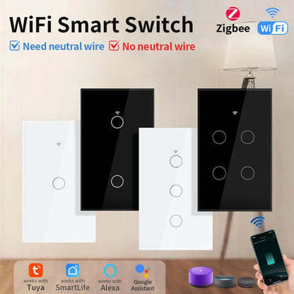 TNCE Tuya Wifi/Zigbee RF433 US Smart Wall Switch 1/2/3/4 Gang Touch Sensor Button No-Neutral Wire,Voice With Alexa Google Home