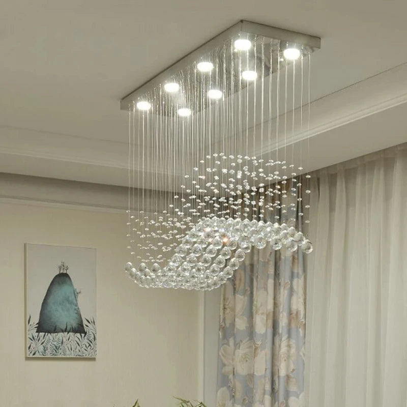 Crystal Chandeliers LED Chrome Finished Light Wave Art Decor Modern Suspension Lighting Hotel Villa Hanging Lamp