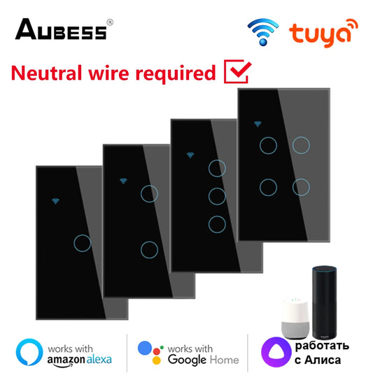 Tuya US WiFi Smart Wall Switch Neutral Wire Required 1/2/3/4 Gang Smart Touch Switch Works With Smart Life APP Alexa Google Home