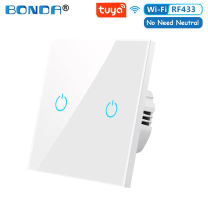 BONDA Smart Switch Alexa RF433 No Neutral Tuya Control Works With Google 1/2/3 Gang Smart Life Home Light WiFi Touch Switches