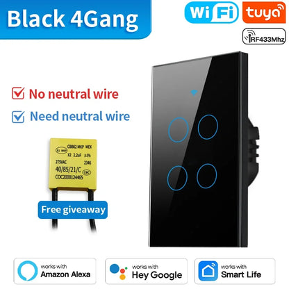 TNCE Tuya Wifi/Zigbee RF433 US Smart Wall Switch 1/2/3/4 Gang Touch Sensor Button No-Neutral Wire,Voice With Alexa Google Home