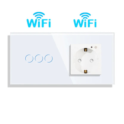 Bingoelec Wifi Smart Switch and Smart Socket Power Monitor with White Crystal Glass Panel Need or NO Neutral Home Improvement