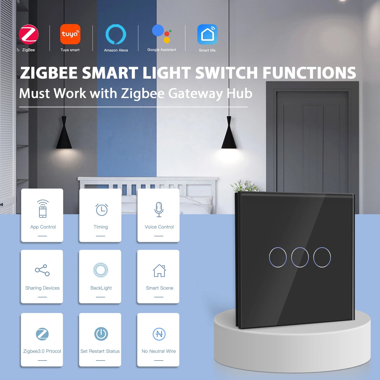 BSEED Zigbee Touch Switches 1/2/3Gang 1Way Wireless Control Smart Light Switch Wifi Wall Switch Tuya Smart Home Google Alexa