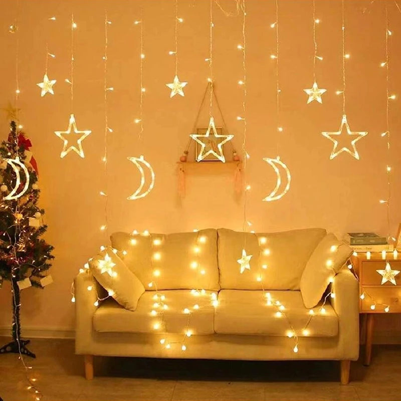 Led Star Moon Curtain Light 3.5M Battery Box With Flashing Window String Lights For Party Holiday Christmas Decoration