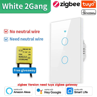 TNCE Tuya Wifi/Zigbee RF433 US Smart Wall Switch 1/2/3/4 Gang Touch Sensor Button No-Neutral Wire,Voice With Alexa Google Home