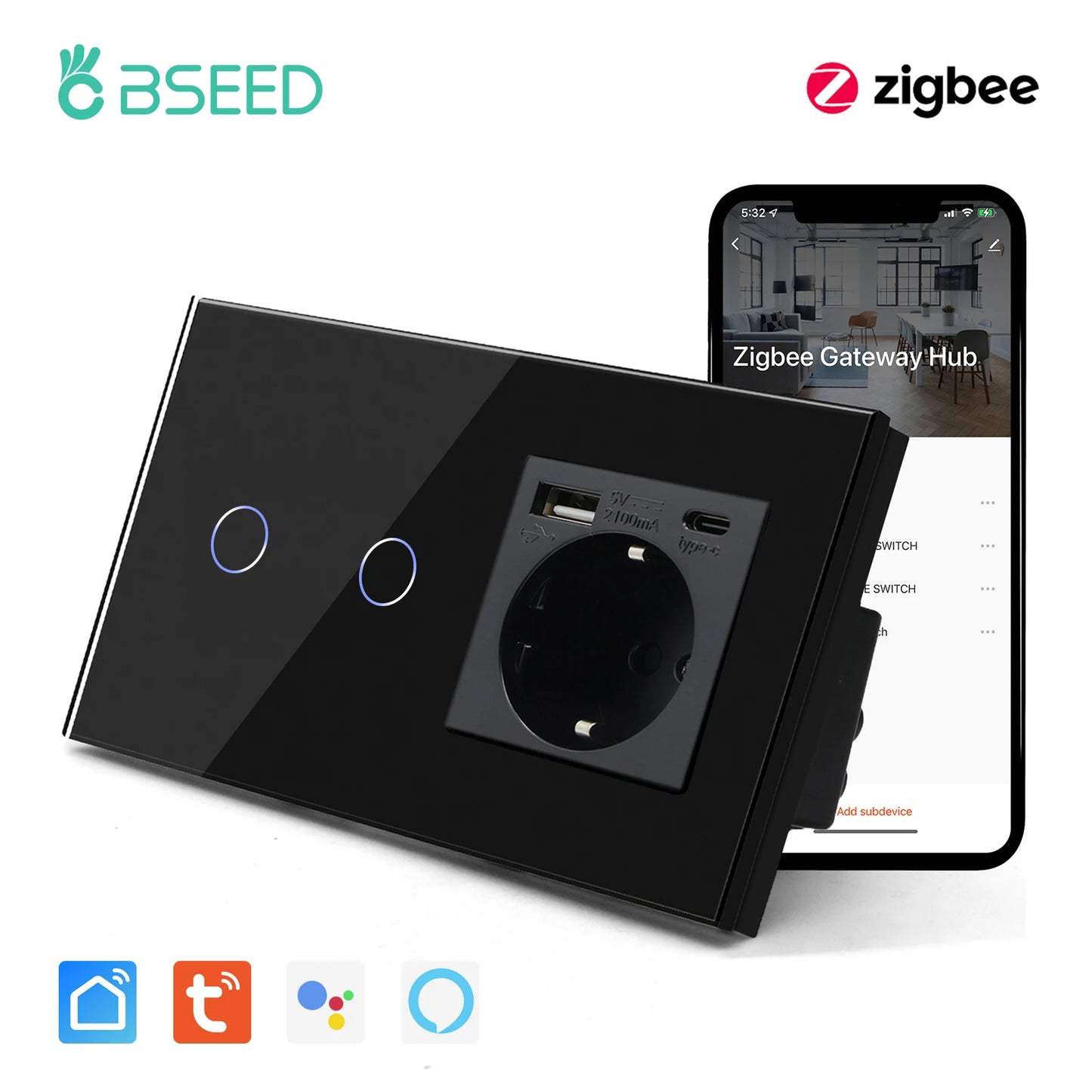 BSEED Zigbee Touch Switches 1/2/3Gang 1Way Wireless Control Smart Light Switch Wifi Wall Switch Tuya Smart Home Google Alexa