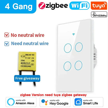 TNCE Tuya US WiFi/Zigbee Smart Wall Switch 1/2/3/4 Gang Light Switch Smart Touch Sensor Smart Home  Work with Alexa Google Home