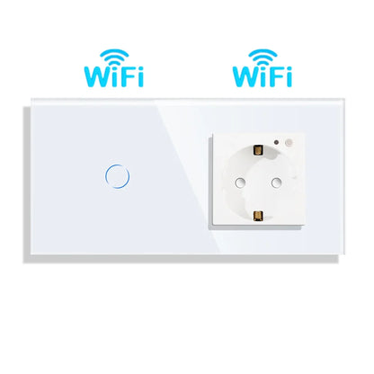 Bingoelec Wifi Smart Switch and Smart Socket Power Monitor with White Crystal Glass Panel Need or NO Neutral Home Improvement