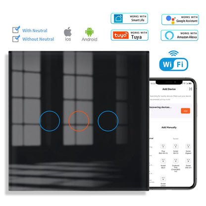 VISWE Wifi Smart Switch, Black Tempered Glass Panel 153mm*82mm Touch Switch and EU Wall Sockets 220V Alexa Tuya Remote Control