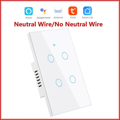 Tuya Smart Switches US Neutral Wire/No Neutral Wire Required 1/2/3/4 Gang Light WiFi Touch Switch Work with Alexa Google Home