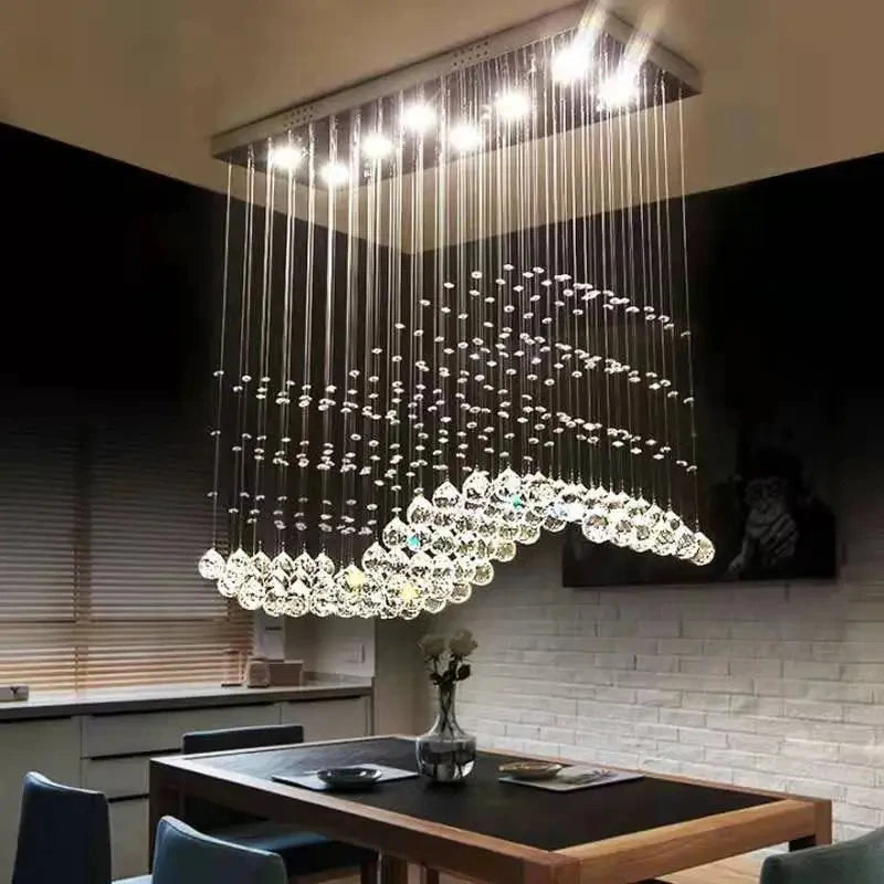 Crystal Chandeliers LED Chrome Finished Light Wave Art Decor Modern Suspension Lighting Hotel Villa Hanging Lamp