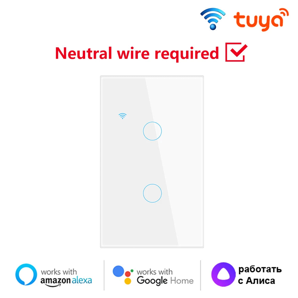 Tuya US WiFi Smart Wall Switch Neutral Wire Required 1/2/3/4 Gang Smart Touch Switch Works With Smart Life APP Alexa Google Home