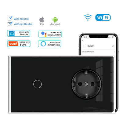 VISWE Wifi Smart Switch, Black Tempered Glass Panel 153mm*82mm Touch Switch and EU Wall Sockets 220V Alexa Tuya Remote Control